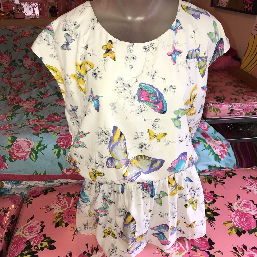 Betsey Johnson Butterfly Print Silk Blouse